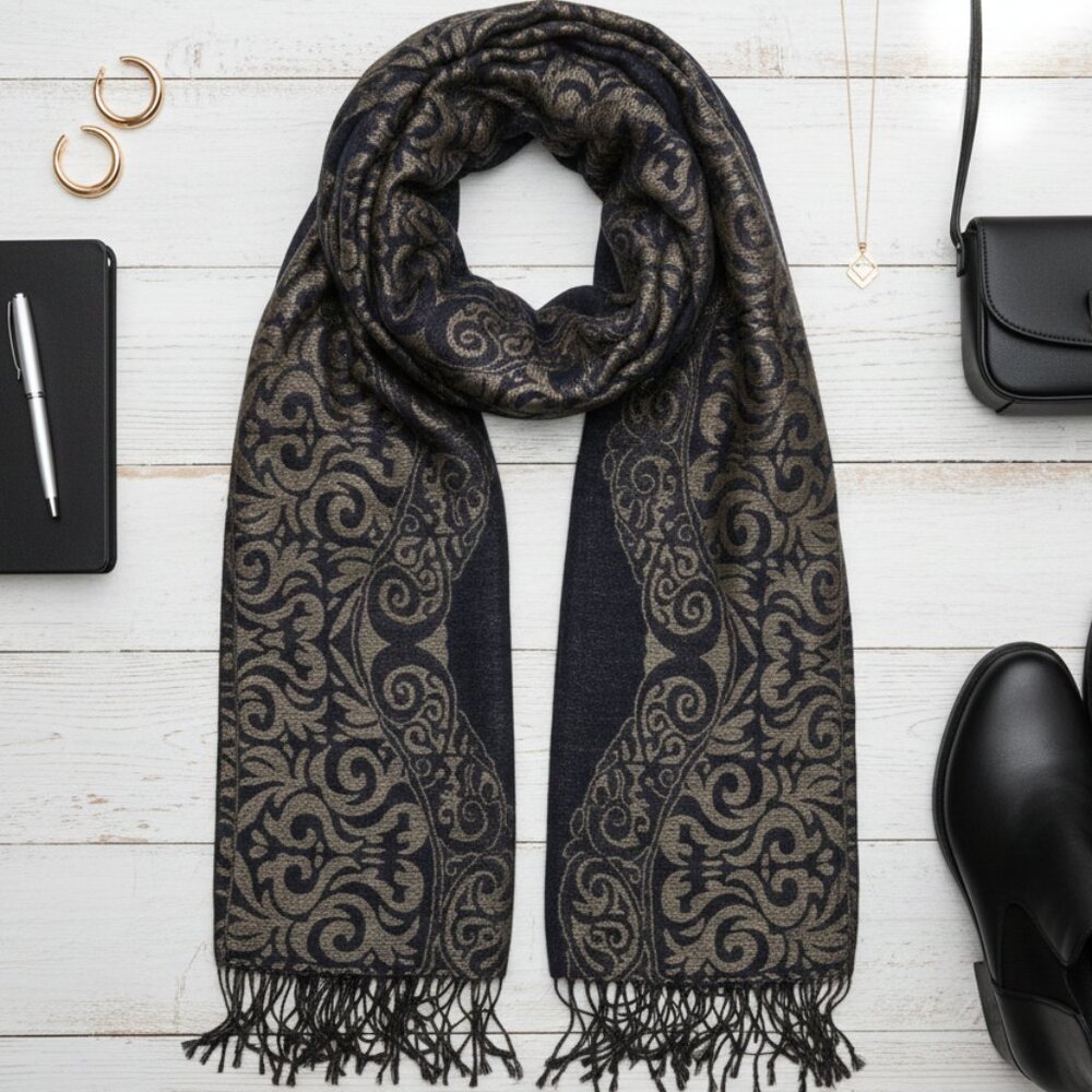 West Loop Navy and Gold Damask Fringed Scarf